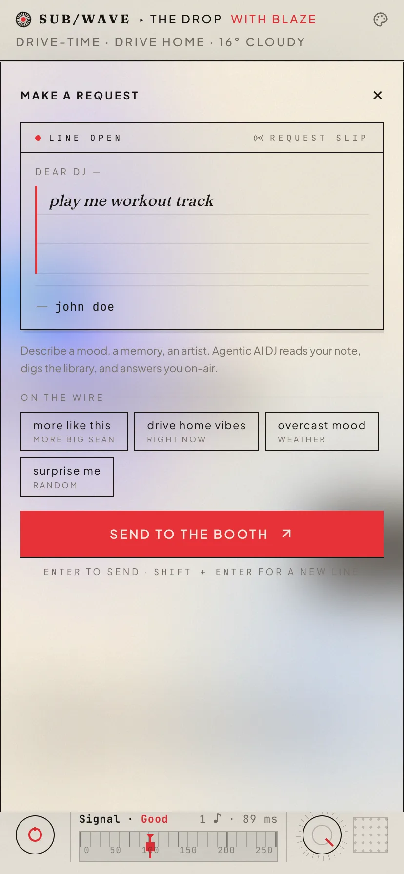 The request panel on a phone: a request slip headed LINE OPEN with a written note and a signature, four suggestion chips, and a SEND TO THE BOOTH button
